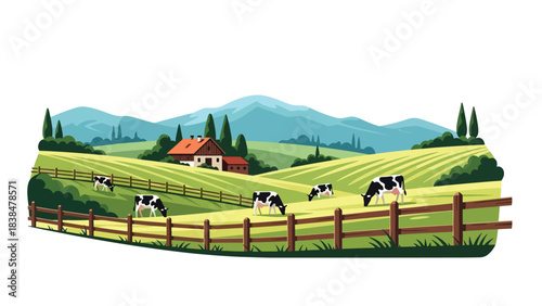 Flat illustration of a peaceful European countryside with rolling hills, farmhouse, wooden fence, and grazing cows. Perfect for rural life, farming, and nature themes