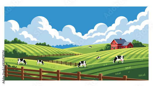 Flat illustration of a peaceful European countryside with rolling hills, farmhouse, wooden fence, and grazing cows. Perfect for rural life, farming, and nature themes