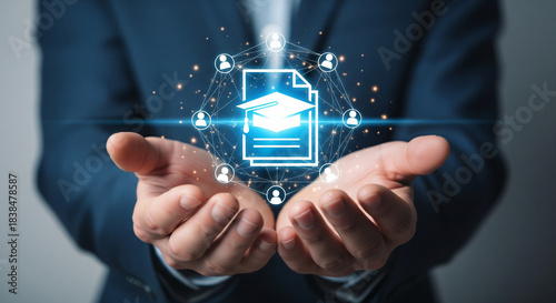 Professional digital learning hub illustration highlighting networked users, graduation cap, document icons and collaborative education environments.