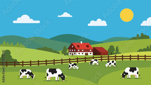 Flat illustration of a peaceful European countryside with rolling hills, farmhouse, wooden fence, and grazing cows. Perfect for rural life, farming, and nature themes