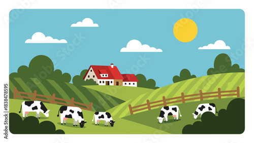 Flat illustration of a peaceful European countryside with rolling hills, farmhouse, wooden fence, and grazing cows. Perfect for rural life, farming, and nature themes