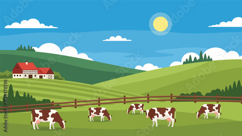 Flat illustration of a peaceful European countryside with rolling hills, farmhouse, wooden fence, and grazing cows. Perfect for rural life, farming, and nature themes