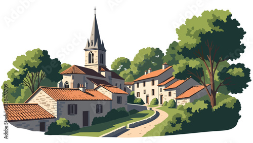 Flat illustration of a traditional European village with red rooftops, stone houses, and a church tower. Ideal for architecture, culture, and rural travel themes