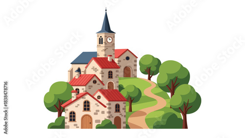 Flat illustration of a traditional European village with red rooftops, stone houses, and a church tower. Ideal for architecture, culture, and rural travel themes