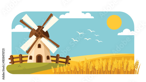 Flat illustration of a European countryside windmill surrounded by wheat fields and birds. Perfect for farming, tradition, and landscape themes