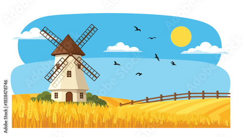 Flat illustration of a European countryside windmill surrounded by wheat fields and birds. Perfect for farming, tradition, and landscape themes