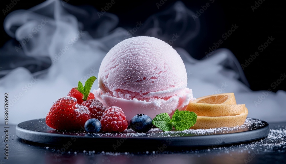 Fototapeta premium A futuristic holographic-style molecular ice cream sphere paired with sliced fruits, shimmering cold mist, and sci-fi lighting
