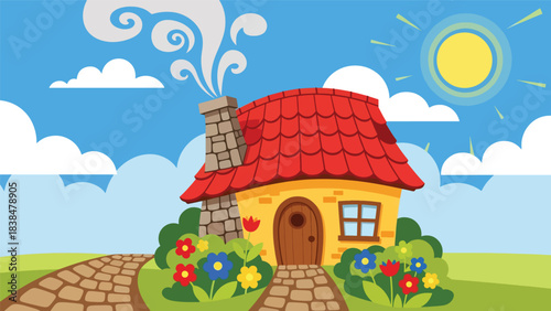 Flat illustration of a cozy countryside cottage with smoking chimney, flowers, and cobblestone path. Ideal for comfort, nature, and rural life themes
