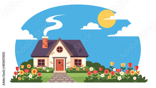 Flat illustration of a cozy countryside cottage with smoking chimney, flowers, and cobblestone path. Ideal for comfort, nature, and rural life themes