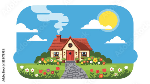 Flat illustration of a cozy countryside cottage with smoking chimney, flowers, and cobblestone path. Ideal for comfort, nature, and rural life themes