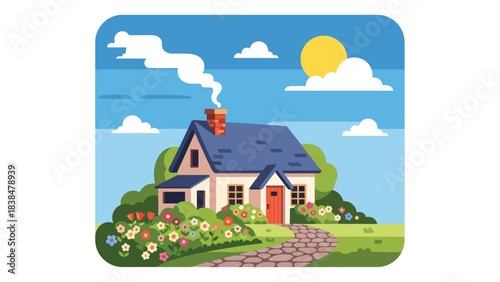 Flat illustration of a cozy countryside cottage with smoking chimney, flowers, and cobblestone path. Ideal for comfort, nature, and rural life themes