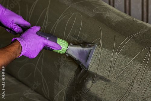 Closeup of upholstered Sofa chemical cleaning