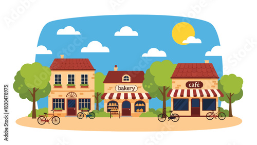 Flat scene of a village square with bakery, café, bicycles, and people walking. Perfect for travel, lifestyle, and European tourism themes