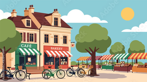 Flat scene of a village square with bakery, café, bicycles, and people walking. Perfect for travel, lifestyle, and European tourism themes