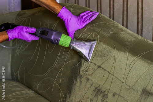 Closeup of upholstered Sofa chemical cleaning