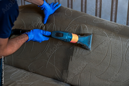 Closeup of upholstered Sofa chemical cleaning
