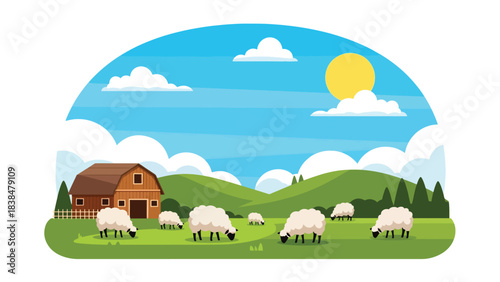 Flat illustration of sheep grazing in a green meadow with barn and hills. Ideal for farming, nature, and peaceful countryside themes