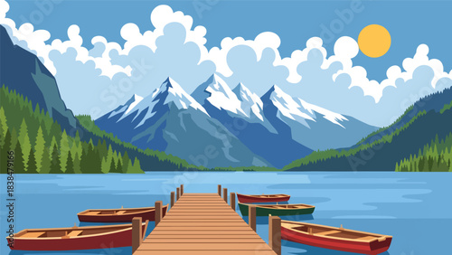 Flat illustration of a lakeside countryside with wooden pier, mountains, and pine trees. Perfect for nature travel and landscape themes