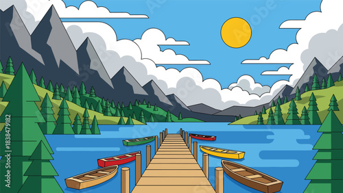 Flat illustration of a lakeside countryside with wooden pier, mountains, and pine trees. Perfect for nature travel and landscape themes