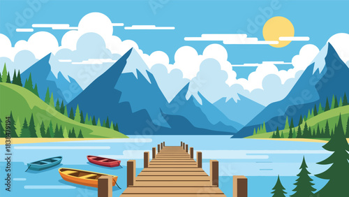 Flat illustration of a lakeside countryside with wooden pier, mountains, and pine trees. Perfect for nature travel and landscape themes