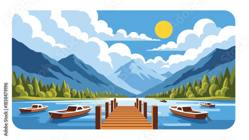 Flat illustration of a lakeside countryside with wooden pier, mountains, and pine trees. Perfect for nature travel and landscape themes