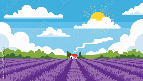 Flat illustration of a lavender field with farmhouse and hills. Ideal for Provence-style travel, aroma themes, and romantic landscapes