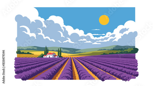 Flat illustration of a lavender field with farmhouse and hills. Ideal for Provence-style travel, aroma themes, and romantic landscapes
