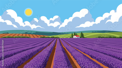 Flat illustration of a lavender field with farmhouse and hills. Ideal for Provence-style travel, aroma themes, and romantic landscapes