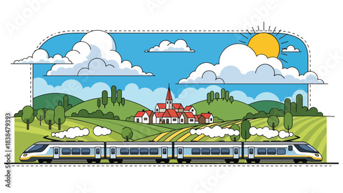 Flat illustration of a train passing through European countryside hills and villages. Perfect for travel, transport, and scenic concepts