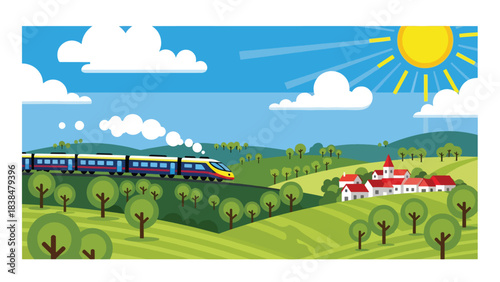 Flat illustration of a train passing through European countryside hills and villages. Perfect for travel, transport, and scenic concepts