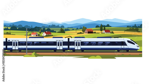 Flat illustration of a train passing through European countryside hills and villages. Perfect for travel, transport, and scenic concepts