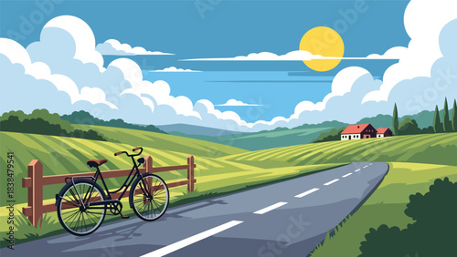 Flat illustration of a country road with a leaning bicycle, hills, and fence. Ideal for slow travel, cycling, and scenic Europe themes