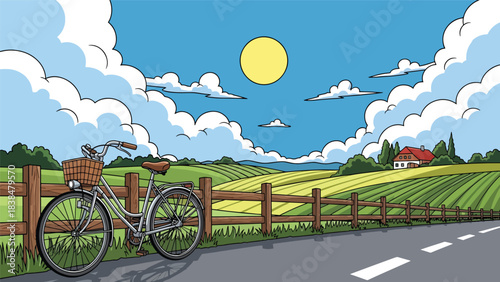 Flat illustration of a country road with a leaning bicycle, hills, and fence. Ideal for slow travel, cycling, and scenic Europe themes