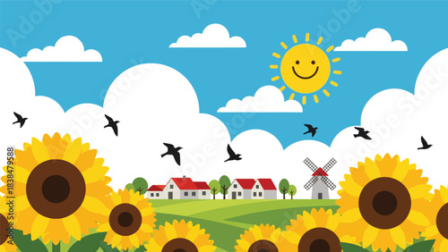 Flat illustration of a sunflower field with windmill and flying birds. Perfect for nature, travel, and countryside themes