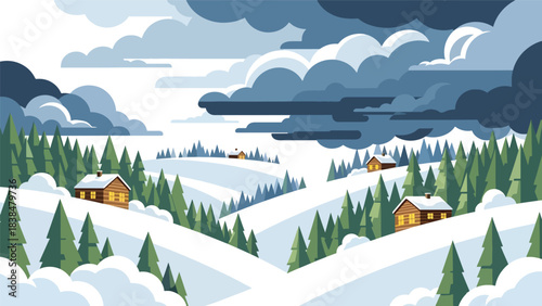 Flat illustration of a snowy countryside village with pine trees and warm house lights. Perfect for winter, Christmas, and cozy travel themes