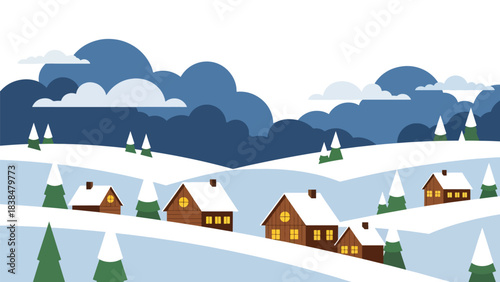 Flat illustration of a snowy countryside village with pine trees and warm house lights. Perfect for winter, Christmas, and cozy travel themes