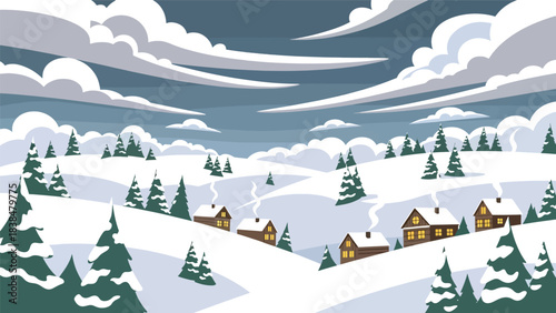Flat illustration of a snowy countryside village with pine trees and warm house lights. Perfect for winter, Christmas, and cozy travel themes