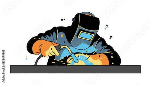 A welder wearing protective gear and a helmet is skillfully joining two metal pieces with a welding torch, creating a bright spark.