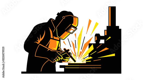 A silhouette of a welder wearing protective gear and a mask, intensely focused on their work as sparks fly from the welding torch.