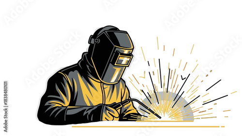 A welder wearing protective gear and a helmet is actively welding metal, creating a bright shower of sparks.