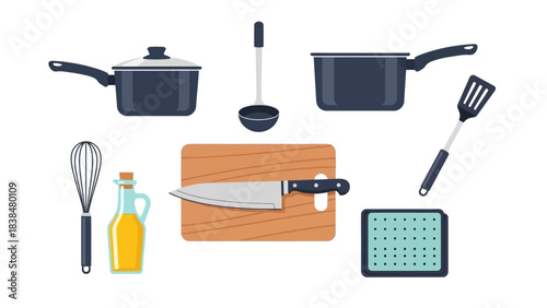 Collection of kitchen utensils and cooking equipment including pots, spatulas, whisks, ladles, and cutting boards for culinary activities