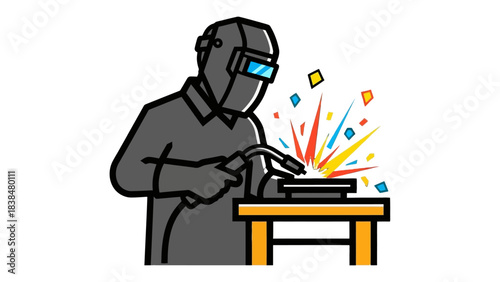 A welder working on a metal piece, creating sparks and light, illustrating industrial work.