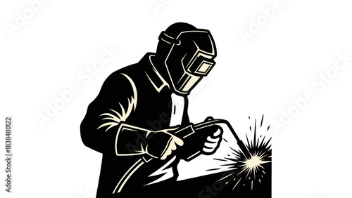A black and white illustration of a welder working with sparks flying, wearing a protective helmet and gear.
