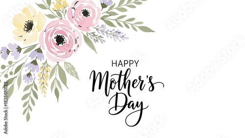 A beautiful watercolor floral arrangement with pink, yellow, and purple flowers and green leaves, accompanying a 'Happy Mother's Day' message in elegant script on a white background.