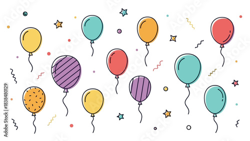 A vibrant collection of colorful balloons and confetti scattered across a white background, perfect for celebrations.