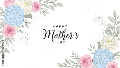 Elegant Happy Mother's Day greeting card with soft watercolor flowers including pink roses, blue hydrangeas, and white peonies on a white background.