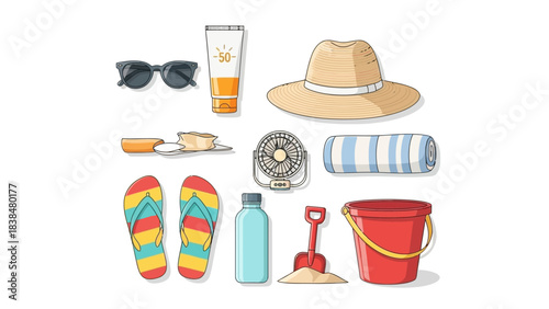 Essential beach vacation gear and summer holiday accessories set, perfect for travel, sun protection, and relaxing days by the sea