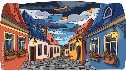 Flat illustration of a European old countryside street with lanterns, cobblestone, and flowers. Ideal for travel and culture themes
