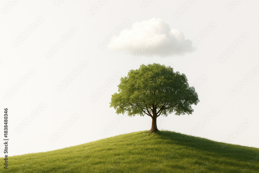 Fototapeta premium A lonely tree on a green hill with a white cloud on top. Space for text.