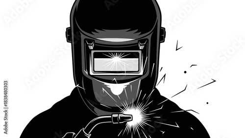 Graphic illustration of a welder wearing a protective helmet and actively welding with sparks flying.